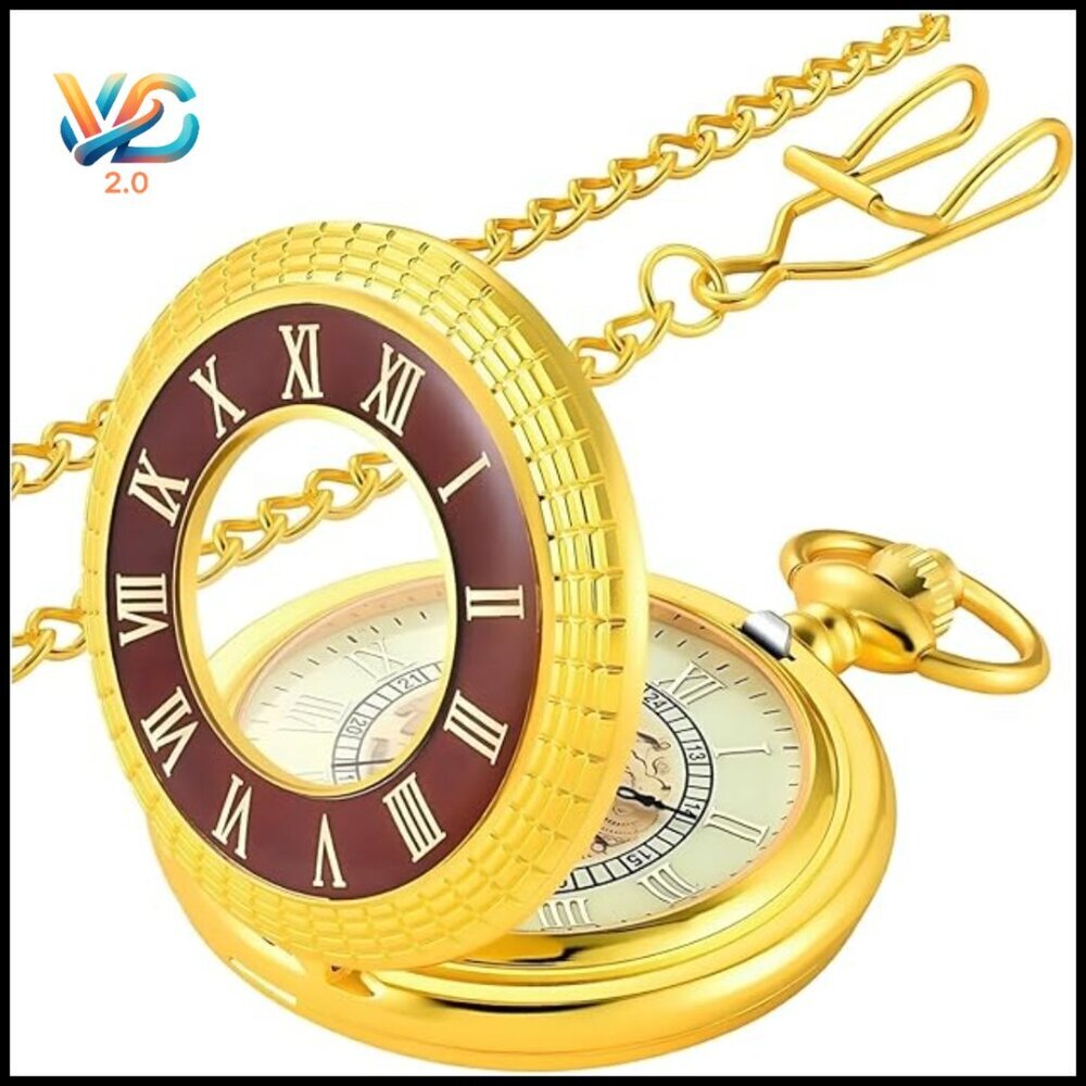 Vintage Pocket Watch with Chain Roman Numerals Quartz Movement Men's Gift